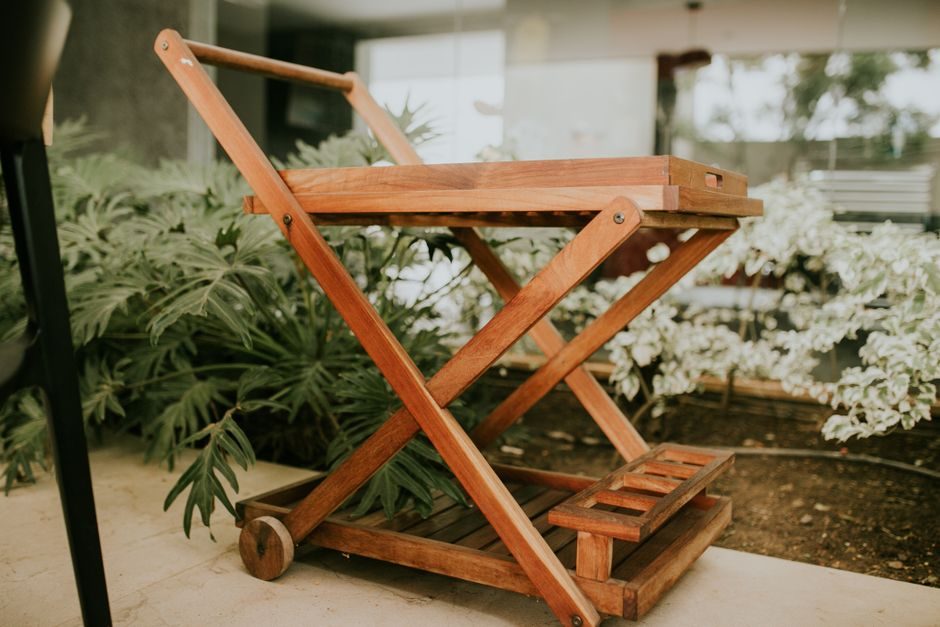A Pine and Plywood Rolling Bar Cart